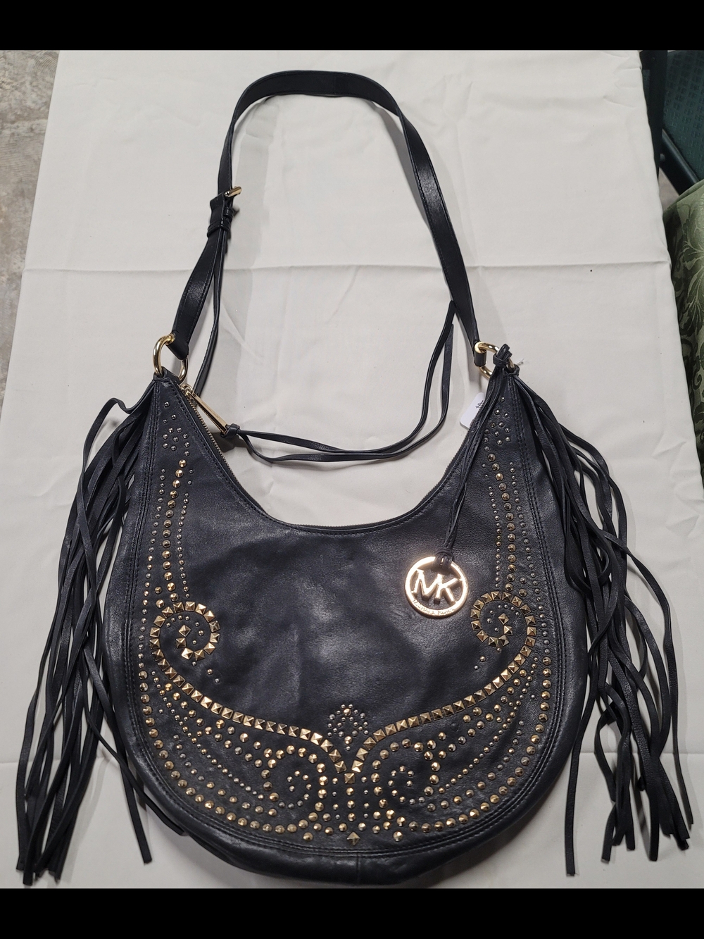 Michael Kors Black Leather Studded Fringe Hobo with Gold MK Charm